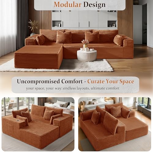 Image of 108 inch Cloud Sectional Couch, Comfort L Shaped Boneless Couch for Living Room, Extra Deep Seats No Assembly, Minimalist Modular Sofa, Corduroy (Deep Orange, 2 Seater+Left Facing Chaise)