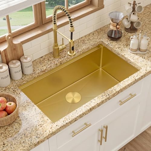 Image of 27 inch Gold Sink,Undermount Single Bowl Kitchen Sinks,16 Gauge Stainless Steel Workstation Kitchen Sink (Gold, 27 X 18 inch)