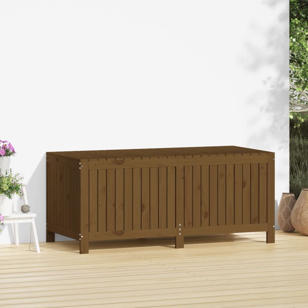 Baule da giardino marrone miele in legno di pino massiccio, 147 x 68 x 64 cm, con molla a gas, grande spazio per giardino, terrazza, balcone e esterni, per riporre e sedere