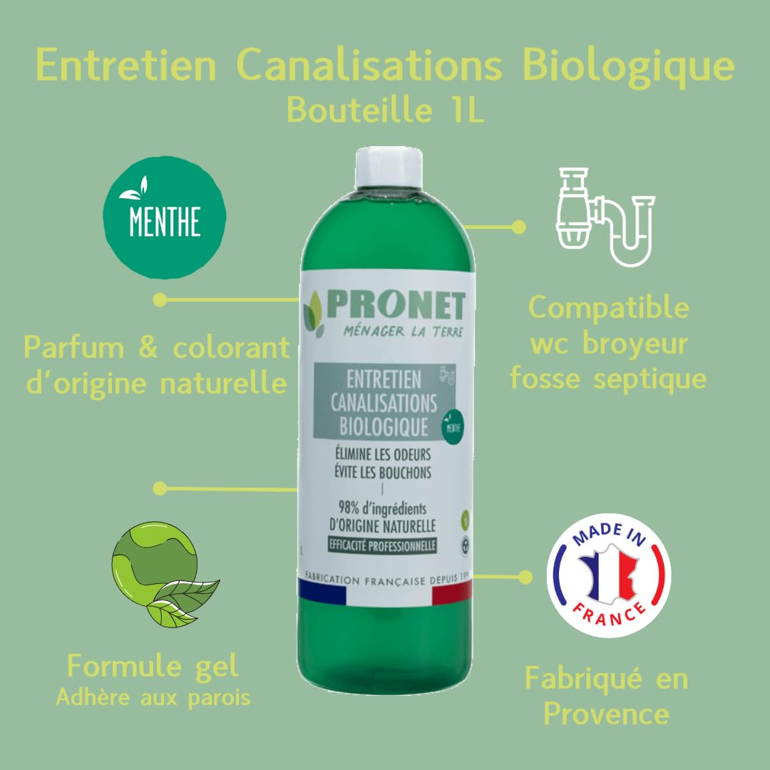 PRONET NATURE - Gel Entretien canalisation Biologique - Elimine les mauvaises odeurs, évite la formation de bouchons - 98% ingredients naturels - Fosse septique - Usage préventif - Senteur Menthe - 1L