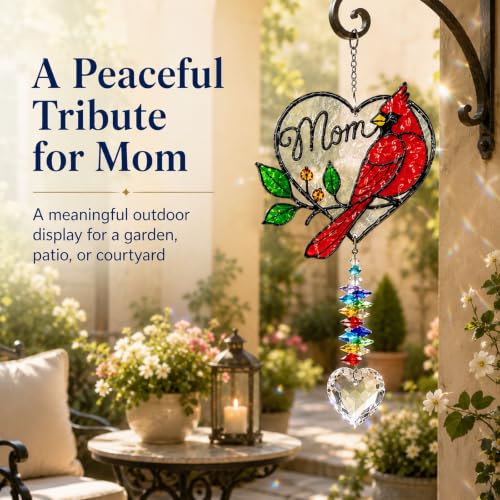 Image of Mom Memorial Ornament, Acrylic Heart Cardinal Suncatcher with Crystal Pendant, Stained Glass Style Christmas Tree Hanging Decor, Sympathy Gift for Loss of Mother, Bereavement Remembrance Gift