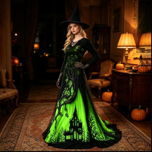 CHENXDZHAO Witch Dress For Women,Witch Dress For Women Sexy Long Sleeve V Neck Slim Fit Halloween Dresses Medieval Renaissance Gothic Vampire Costumes,Green,L - image 3