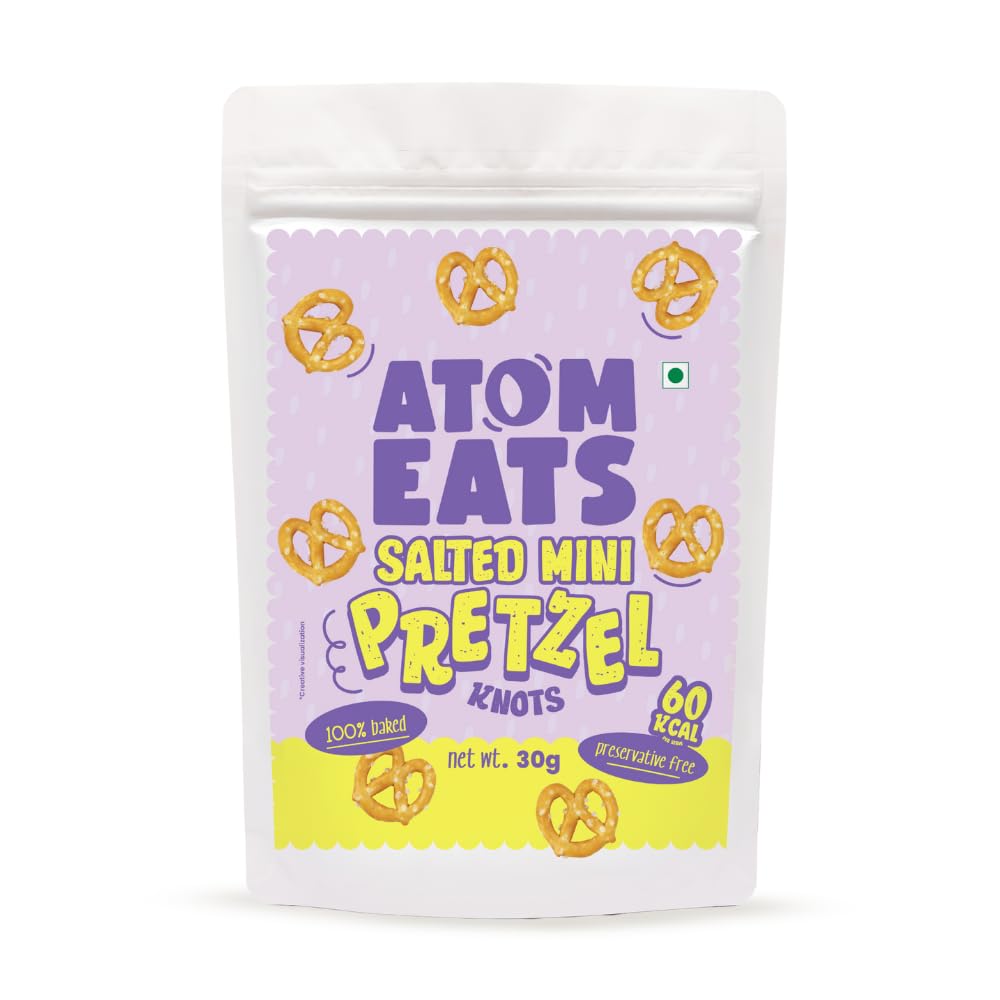 Atom Eats Salted Pretzel Mini Knots 30g | 100% Baked | Savory Snacks, Crunchy Namkeen - Perfect for Snack Box, Parties, On-the-Go Versatile Food Items - Great for Dipping, Solo Snacking