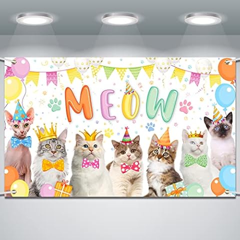 Cat Happy Birthday Backdrop Meow Kitten Photography Background Cat Birthday Party Supplies Cat Party Decorations Photo Backdrop for Pets Cat Owner Children Kids Cat Theme Birthday Party Cover