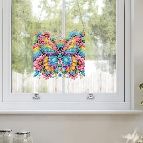 Image of AiYuanzsh Oversized Diamond Art Suncatcher Kit Rainbow Butterfly Flowers, Colorful Special Shaped Diamond Painting Hanging Ornament for Adults, DIY 5D Crystal Diamond Art Pendant Decoration