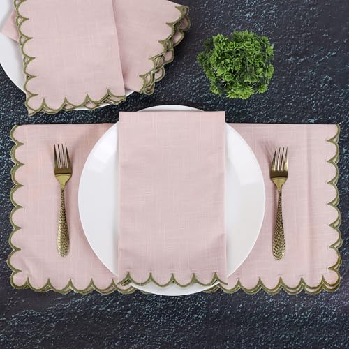 Image of FINGERCRAFT Scallop Edge Cloth Napkins | Set of 6 | 20x20 Inches | 100% Cotton | Table Napkins for Any Occasion | Washable, Perfect for Parties and Everyday Use (Pink Slub, Set of 6)