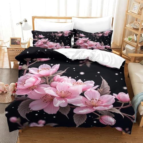 Housse de Couette 280x260 Imprimée 3D Fleurs de Cerisier en Microfibre Douce