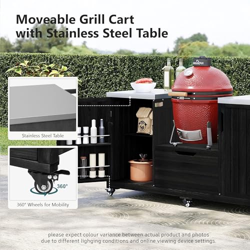Andehomy 66.5\" Outdoor Kitchen Island for Big Green Egg Grill, Solid Wood Outdoor Grill Cart for Tabletop Grill with Stainless Steel Top, Drawer, Compatible with Large Big Green Egg, Kamado Joe-Black - Thumbnail 4