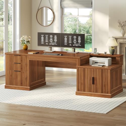 Image of SEDETA 70.9 inch Executive Desk, Fluted Office Desk with Drawers, Fluted Brown