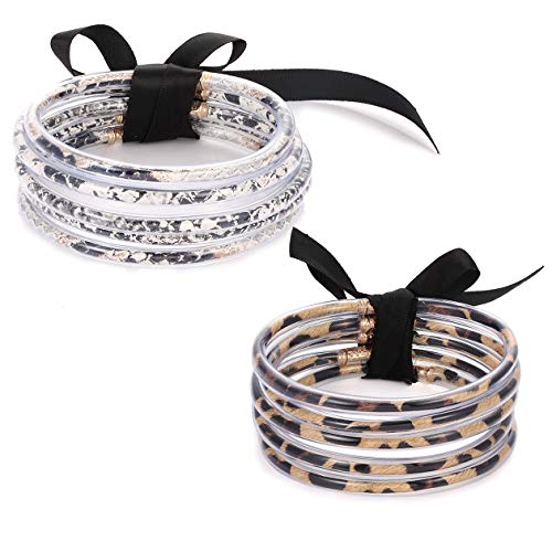 Multiple Leopard Print Bangle Bracelet for Women Cheetah Print Jewelry Gummy Siliceno Rubber Wristband Snakeskin Print Bangle Wristlet 2 PCS (Leopard Print&Snakeskin)