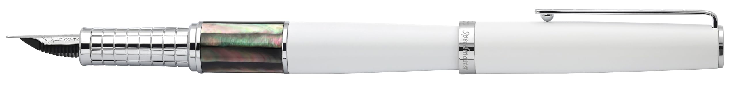 Xezo Speed Master Stylo plume, plume extra fine. Couleur blanc mat avec nacre noire de Tahiti. Plaqué chrome. Corps en laiton léger. Chaque pièce unique