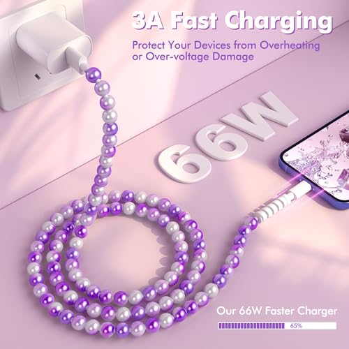 Coolden for iPhone Charger Cord for iPhone 14 Charger Fast Charging Cable 66W Cute Purple Beaded Charging Cord for Women Girls USB Cable for iPhone 14 13 12 11 Pro Max XR XS, iPad Pro/Air/Mini - image 3