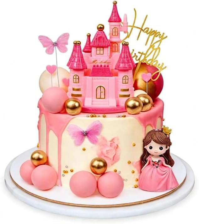 Princess Castle Cake Toppers Decoration, 18 pcs Pink Organza Butterfly Balls Happy Birthday Cake Decorations, Princess Castle Cake Decorations for Baby Shower Girl Birthday Party Supplies