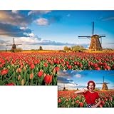 MIRRORANG Molino de viento de 1,5 x 1 m, tulipán holandés, telón de fondo de casa de tulipanes holandeses, decoración de boda, retrato, estudio fotográfico, accesorios de casa