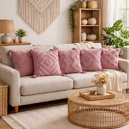 Image of SILK & YANA 16x16 Cotton Cushion Covers Set of 5 | Hand-Tufted Decorative Throw Pillow Covers with Boho, Geometric & Textured Designs | Tassel-Trimmed Covers for Sofa (Blush-Pink)