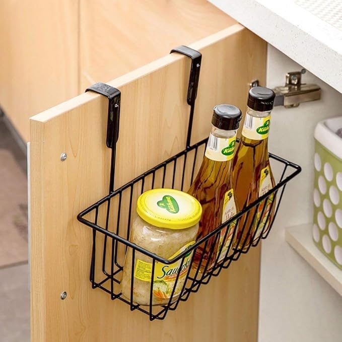 Image of Homify Versatile Metal Cabinet Rack - Hanging Basket Organizer for Door, Shelf, or Kitchen Storage (Black, Shelves)
