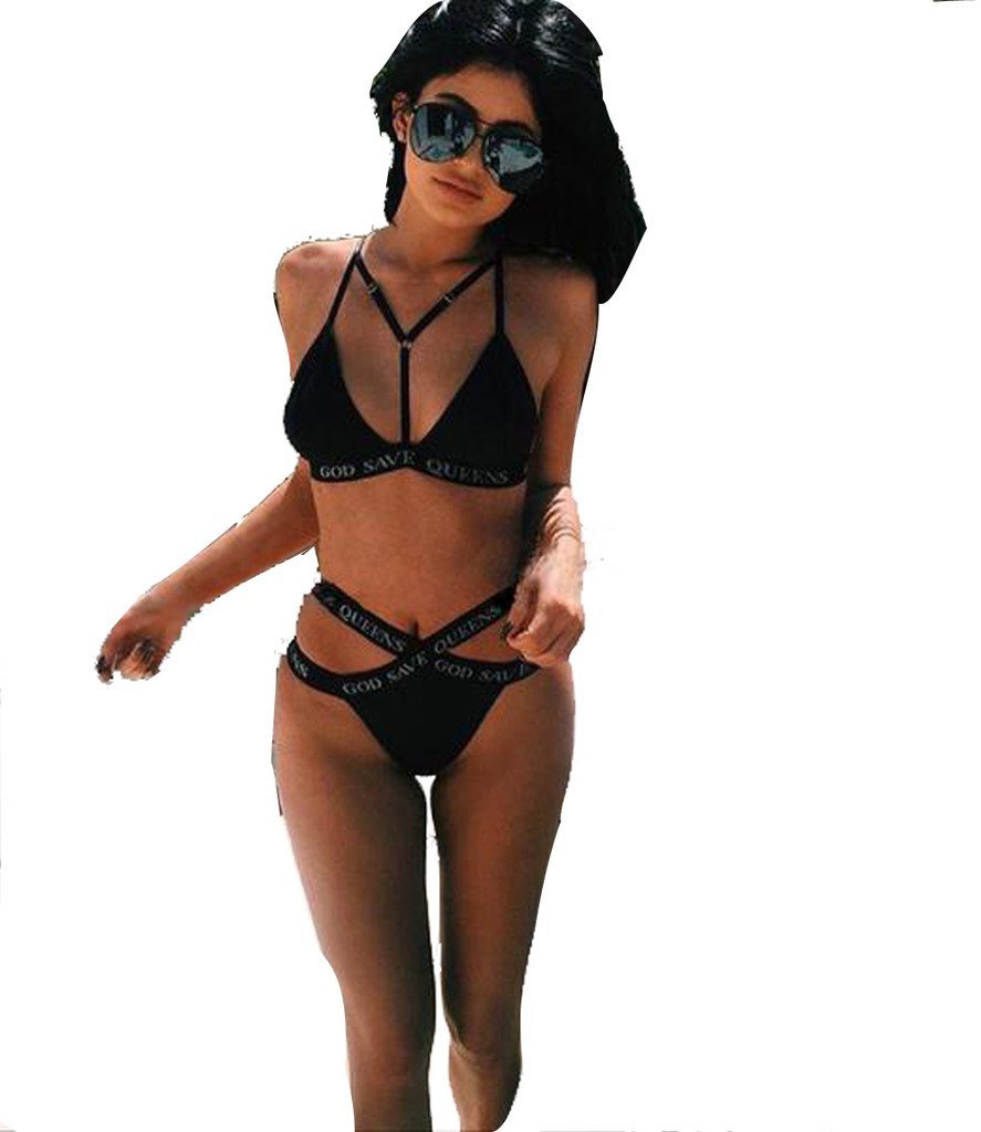 Agastya Two Pieces Sexy Letter Print Bikini Black Swimsuit For Women