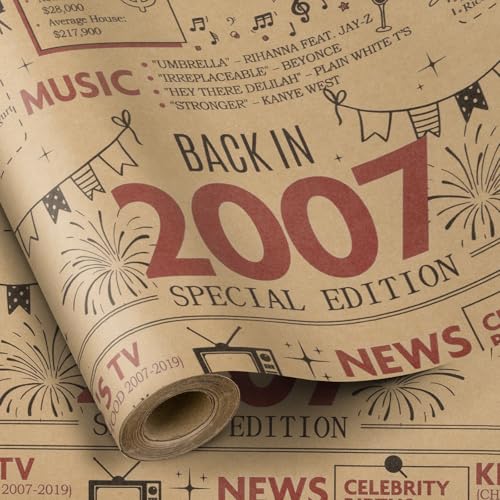 RUSPEPA 2026 Funny Birthday Wrapping Paper for Teenager, Mini Roll, Back In 2007 Newspaper Vintage Design Kraft Paper for 19th Birthday Party Gift and Special Occasions, 17 inch x 16.4 feet, 19th