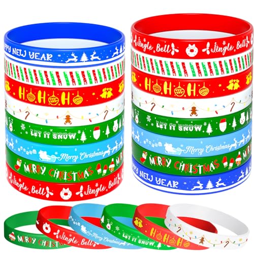 NEBURORA 24pcs Christmas Silicone Bracelet 8 Style Rubber Wristband Xmas Pattern Wrist Band for Merry Christmas Theme Party Decor Supplies