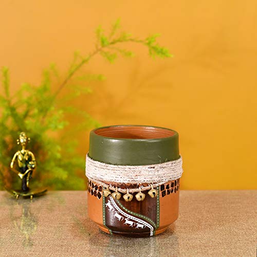 Image of AAKRITI ART CREATIONS Terracotta Planter Pot | Jute Embellished Brown Earthen Design, Modern Art, Matte Finish | Decorative Plant Pot for Indoor & Outdoor Home Decor