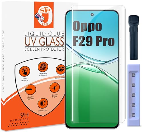 Image of STP FEEL Advanced UV Tempered Glass Screen Protector Guard Compatible For Oppo F29 Pro 5G (6.7 Inch, Pack of 1) Full Adhesive UV Curved Case Friendly HD Clarity with easy installation kit