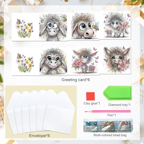 Image of 6 Pcs 30x15cm 5D Diamond Painting Greeting Cards Kits, Handmade Festival Greeting Cards with Envelopes DIY Diamond Art Crafts Birthday Cards Sparkling Designs for Birthdays Christmas Holiday (Donkey)