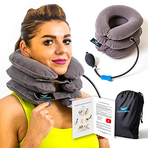 SRL Cervical Device and Collar Brace Inflatable & Adjustable, Stretcher Support Pillow Provide Traction and Neck Pain Relief, Posture Corrector Therapy