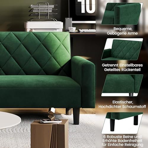 Yaheetech 2 Sitzer Sofa, 159cm Polstersofa aus Samtstoff, Kleine Sofacouch, 140,5 × 94 cm Liegefläche, Doppelsofa für Wohnzimmer/Schlafzimmer, Grün