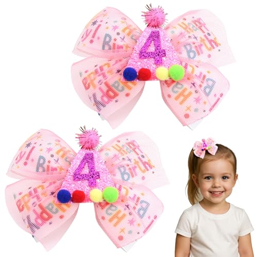 Winmany 2-Pack Birthday Hair Bows for Baby Girls, Strawberry Pink & Blue Headbands and Hair Clips with Sparkly Numbers for Ages 1-6, Cake Smash Photo Props & Party Accessories (Pink 4, 4 Years)