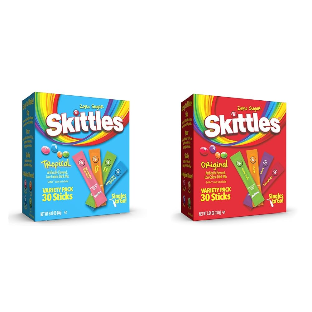 Skittles Singles To Go Tropical & Original Flavors Variety Pack, Watertok Powdered Drink Mix, Zero Sugar, Low Calorie, Includes 4 Tropical Flavors & 4 Original Flavors, (60 Single Servings)