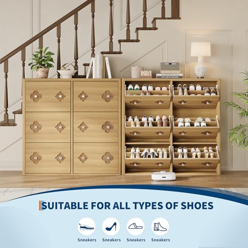 Image of GarveeHome Shoe Storage Cabinet with 6 Flip Drawers, Narrow Wood Shoe Organizer Cabinet with Floral Pattern, Freestanding Slim Shoe Rack Cabinet with Adjustable Shelves, for Entryway, Hallway, Natural