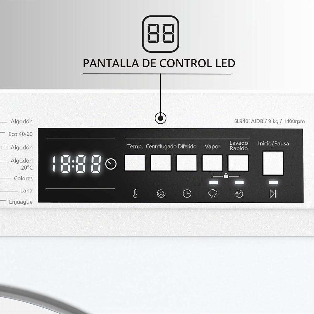 Svan Lavadora 9Kg Carga Frontal Blanco SL9401AIDB. 2200W, 1400rpm, Motor Inverter, 15 Programas, Clase de Eficiencia Energética A