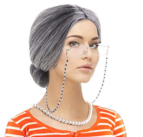 feacole old lady costume set-grandmother wigwig caps madea granny glasses eyeglass retainer chainpearl necklace5 pieces