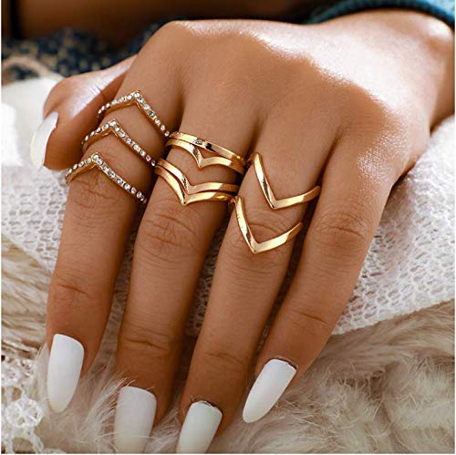 Cathercing 5 Pcs Women Rings Set Knuckle Rings Gold Bohemian Rings for Girls Vintage Gem Crystal Rings Joint Knot Ring Sets for Teens Party Daily Fesvital Jewelry Gift