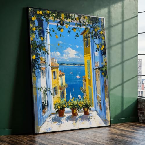 Impression sur toile Mer bleu vif - Tableau méditerranéen vue sur le citron 60x80 cm