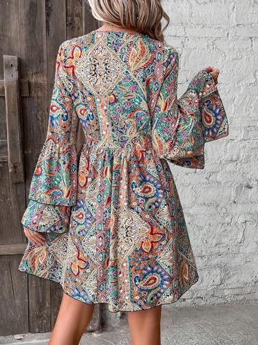 Boho Floral Paisley V-Neck Dress with Bell Sleeves, Multi-Color Print, Empire Waist3