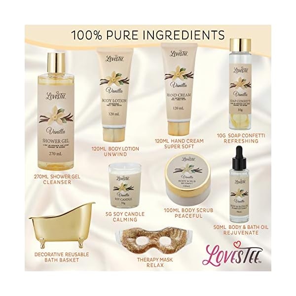 Spa-Gift-Basket-for-Women-Vanilla-Bath-Body-Set-Christmas-Mothers-Day-Birthday-Gift-Includes-Shower-Gel-Body-Lotion-Hand-Cream-Body-Scrub-Message-Oil-Candle-Eye-Mask-Soap-Confetti Christmas Spa Gift Basket for Women, Vanilla Bath & Body Set, Christmas, Mother’s Day & Birthday Gift, Includes Shower Gel, Body Lotion, Hand Cream, Body Scrub, Message Oil, Candle, Eye Mask, Confetti