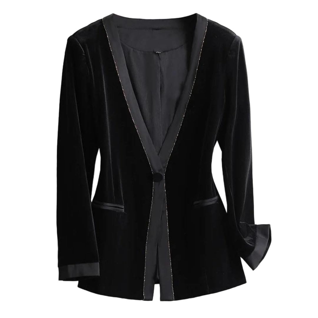 Womens Slim Velour Blazer V Neck Beaded Patchwork Button Commute Casual Suit Jacket