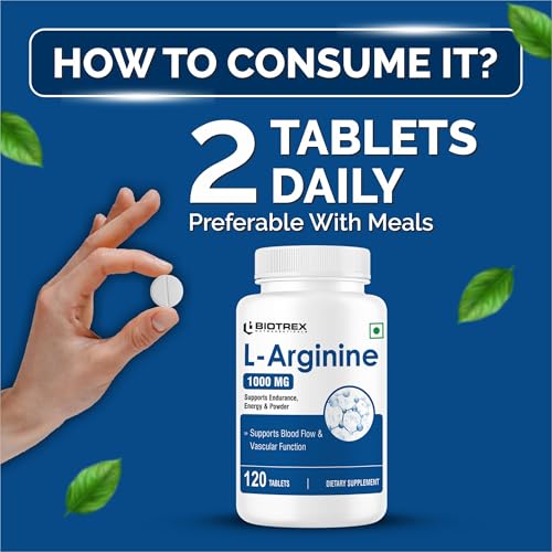 Image of Biotrex Nutraceuticals L-Arginine 1000mg Supplement | Nitric Oxide Booster & Muscle Growth | Blood Flow & Heart Health | Pre Workout | Non-GMO | 120 Tablets