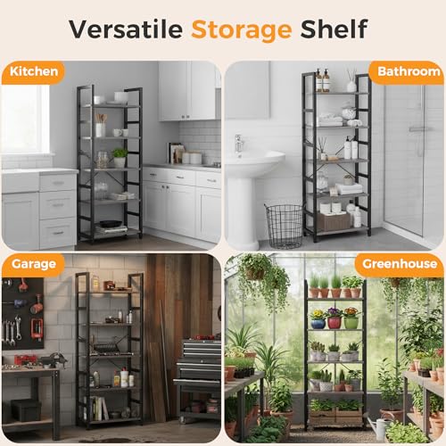 Image of DUMOS 5-Tier Bookshelf, Modern Tall Bookcase, Open Storage Display Shelf for Living Room, Bedroom, Home Office, Narrow Standing Shelving Unit for Books, CDs, Decor,Wood Grey