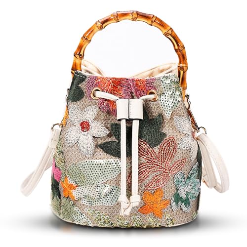 Image of Crossbody Bags for Women, Beach Bag, Hand Embroidered Tot Bag, Natural Bamboo carry handle Bucket bag, Bohemian Handbags for Women Vacation Travel Daily Matching(Silver Flowers)