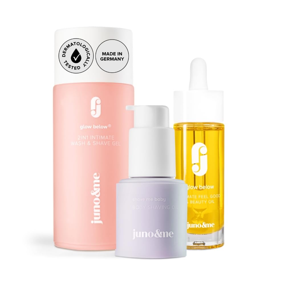 juno & me - Zestaw Happy Shaving: 3-częściowy zestaw do golenia całego ciała – zawiera olejek do golenia, żel do golenia i olejek po goleniu – z kwasem mlekowym, olejkiem konopnym i aloesem – przeciw