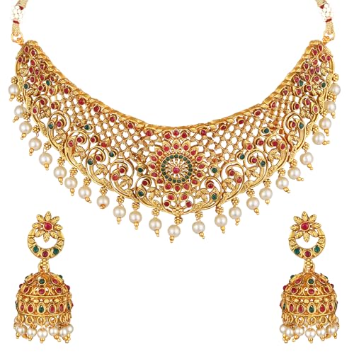 Image of Shining Diva Fashion Stylish Fancy Pearl Choker Traditional Jewellery Set for Women | Temple Necklace Set | Festive Wedding Party Necklace | 22k Gold Plated | Just Like Original Gold Jewellery