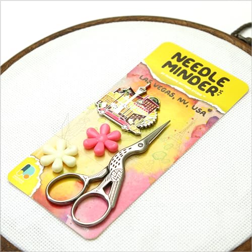Image of Awesome Pattern Studio Needle Minder Set - Las Vegas Magnetic Needle Minder + 2 Needle Threaders + Crane Scissors. Enamel Pin for Cross Stitch, Embroidery and Craft