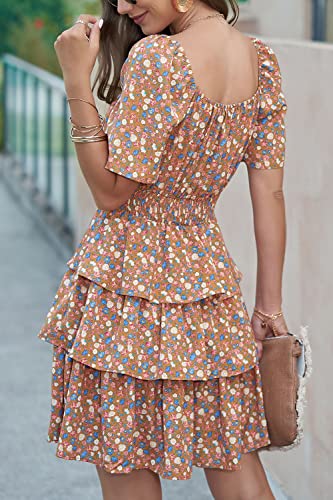 Image of PRETTYGARDEN Women's Summer Floral Ruffle Short Dress | Short Sleeve Square Neck, Flowy Tiered Hem, Fit and Flare, Flower Boho Dresses, Cute Beach Vacation Outfits, Fashion Clothing