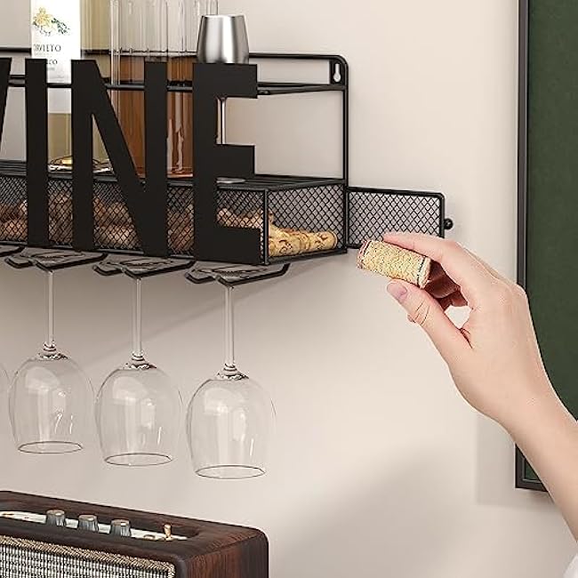 Wall Mounted Metal Wine Rack - Wine Rack Wall Mount Wine Bottle Holder 4 Long Stem Glass Holder & Wine Cork Storage Wine