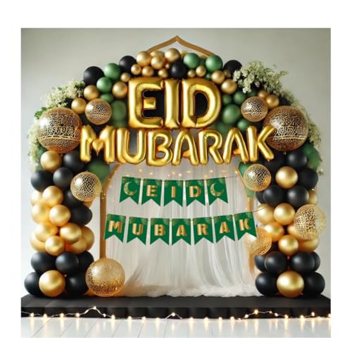 Image of Eid Mubarak Balloon Decoration (Eid Mubarak foil,Paper Banner White Tule Net and Light with Black Green and White Balloons)