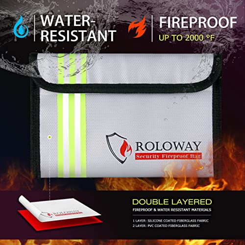 Image of ROLOWAY Small Fireproof Bag (5 x 8 inches) with Reflective Strip, Non-itchy Fireproof Money Bag for Cash, Valuables, Passport, Currency & Keys (2-Pack Silver)