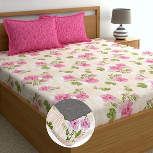 Image of Dreamscape 100% Cotton Fitted Bedsheet for King Bed, 186 TC, 1 Fitted Bed Sheet (Size 72 x 78 inches) with 2 Pillow Covers - Pink