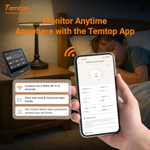 Image of Temtop WiFi Air Quality Monitor M100 2nd Gen, 7 Inch Touchscreen CO2 Detector & Air Quality Tester for PM2.5 PM10 TVOC Temperature Humidity, Air Analyzer for Home Office with LoRa Extension